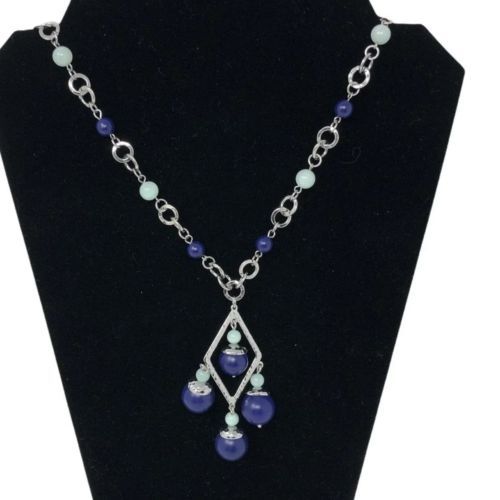 Lia Sophia Necklace Long Silvertone Blue Green Beads Statement‎